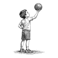 Wall Mural - a little boy playing basketball reaching for ball upwards view in black and white outline line art d