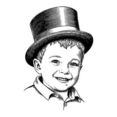 Wall Mural - a smiling little boy wearing a really giant top hat in a detailed black and white outline line art d