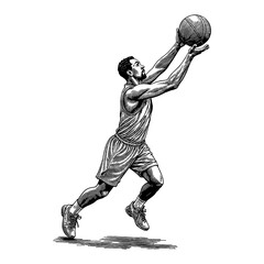 Wall Mural - a man playing basketball reaching for ball in action dynamic black and white outline line art drawin