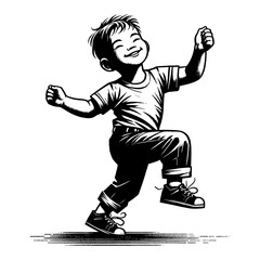 Wall Mural - happy little boy dancing with joy and excitement in a dynamic pose black and white outline line art 