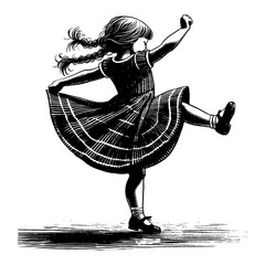 Wall Mural - happy little girl dancing raising leg and arms up in black and white outline line art drawing
