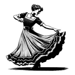 Wall Mural - woman with vintage dress dancing in black and white outline line art style illustration
