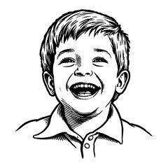 Wall Mural - a joyful young boy with wide open mouth laughing expression black and white outline line art drawing