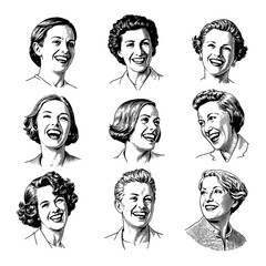 Wall Mural - women joyfully laughing featuring expressive faces with vintage proper dresses black and white line 