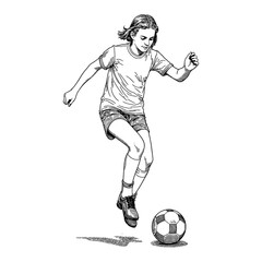 Wall Mural - a young girl playing soccer actively dribbling ball black and white outline line art drawing