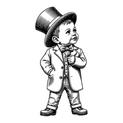Wall Mural - adorable little baby wearing vintage suit and giant top hat black and white outline line art drawing
