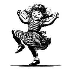 Wall Mural - cheerful little girl dancing with happy expression in classic black and white outline line art drawi