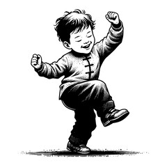 Wall Mural - joyful little boy dancing and smiling in traditional chinese clothing black and white outline line a