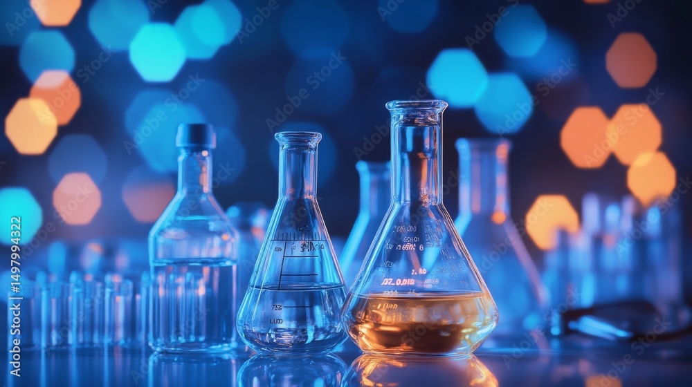 Chemical molecular structure illustration with glass flask and vial in laboratory setting, scientific research concept with blurred science lab equipment background
