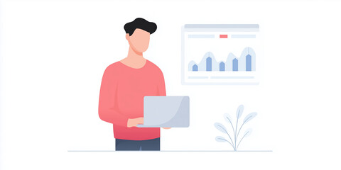 Fototapete - Professional individual analyzing data on laptop while standing near plant with graphs displayed on screen showcasing business performance metrics concept