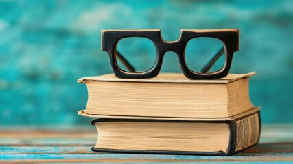 Poster - A pair of glasses rests on top of a pile of books, perfect for a study break or cozy reading nook