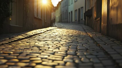 Poster - A serene scene of a cobblestone street as the sun sets in the background, great for use in travel or architecture images