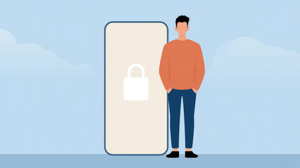 Poster - Secure digital access with a person standing beside a smartphone displaying a lock symbol, representing privacy and security in technology, security concept