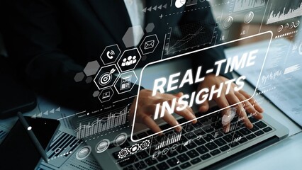Poster - Modern Businessman Analyzing Data Insights on Laptop with Graphic Interface Overlays for Real-Time Analytics. Asymptotic smart data analytic.