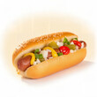 © DruZhi Art - Classic American Hot Dog – Sausage with Mustard, Ketchup and Fresh Toppings on Sesame Bun for Hot Dog Festival and Hot Dog Day Celebrations