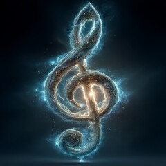 Poster - Glowing Treble Clef in a Blue Nebula with Light Sparkles Against a Dark Background