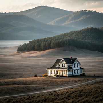 A digital art illustration of an isolated house, showcasing modern design and clean lines, set against a simple background.