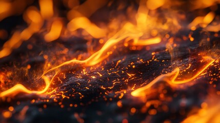 Poster - Dynamic fire patterns dancing across the surface natural landscape close-up photography fiery environment intimate viewpoint visual art concept
