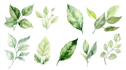 Poster - Serene watercolor green leaves art collection for a captivating botanical nature setting