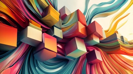 Fototapete - Cascading cubes dance across a colorful dynamic wallpaper abstract art display vibrant environment aesthetic viewpoint floating cub concept