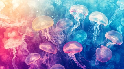 Poster - Dancing jellyfish in vibrant watercolor underwater wonderland art colorful environment aesthetic perspective