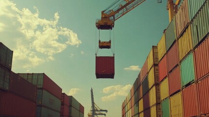 Poster - Crane lifts shipping container from cargo ship port terminal industrial scene aerial view maritime operations for logistics efficiency