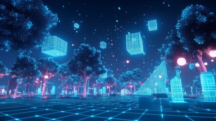 Poster - Exploring the deep cyberspace landscape virtual reality digital art futuristic environment aerial view glowing blue grid concept
