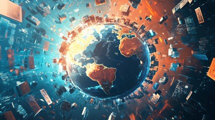 Poster - Digital illustration of a globe surrounded by technology and data streams global environment graphic design aerial view futuristic concept
