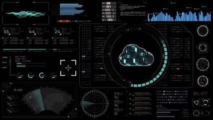 Fototapete - Motion graphic of Blue digital cloud computing with circuit panel HUD UI and futuristic technology abstract background storage big data backup Alpha channel included video concepts