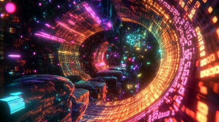 Poster - Exploring a glowing cyberspace world neon grids and binary in a digital realm