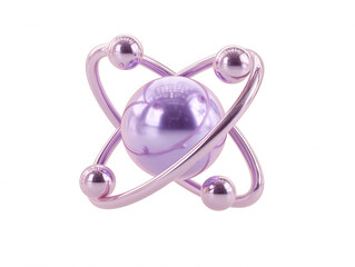 Poster - A glossy lavender atom icon with orbiting spheres showcases a modern scientific concept on a clean white background in a three dimensional computer rende.