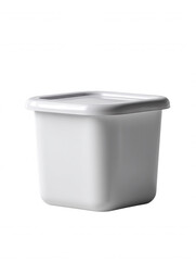 Poster - A simple, white plastic container with a lid sits on a white background, its smooth surface catching the light in a clean and minimalist composition for storage use.