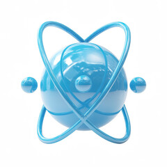 Poster - A glossy light blue atom model with electrons orbiting the nucleus is isolated on a clean white background in this illustrative 3D rende for science concepts.