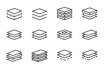 3 layer icon set, stack level concept, height floor, thin line symbol isolated on white background, 