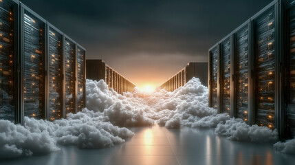 Poster - Modern data center with cloud elements and glowing servers at sunrise