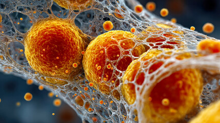 Poster - Adipose-like yellow-orange cells intertwined with fibrous tissue structures, presented in extreme close-up with a biological aesthetic