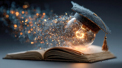 Poster - A glowing lightbulb wearing a glittering graduation cap, emerging from an open book with magical particles surrounding it