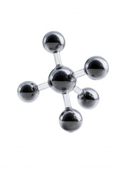 Poster - A shiny chrome molecular model with five arms extending from a central sphere, casting subtle reflections against a clean, bright, isolated white background.