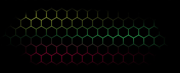 Poster - dark hexagon abstract technology background with blue and green colored bright flashes under hexagon