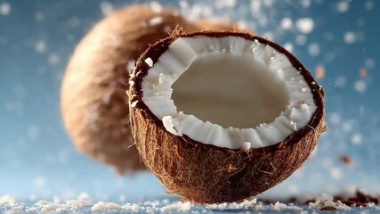 Poster - Tropical Freshness: A close-up capture of a coconut, halved to reveal its pristine white flesh against a blurred blue backdrop, evoking a sense of tropical freshness and natural goodness.