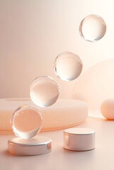 Fototapete - A translucent glass sphere with internal textures floats gracefully above a soft, blurred beige and brown background, showcasing delicate light effects