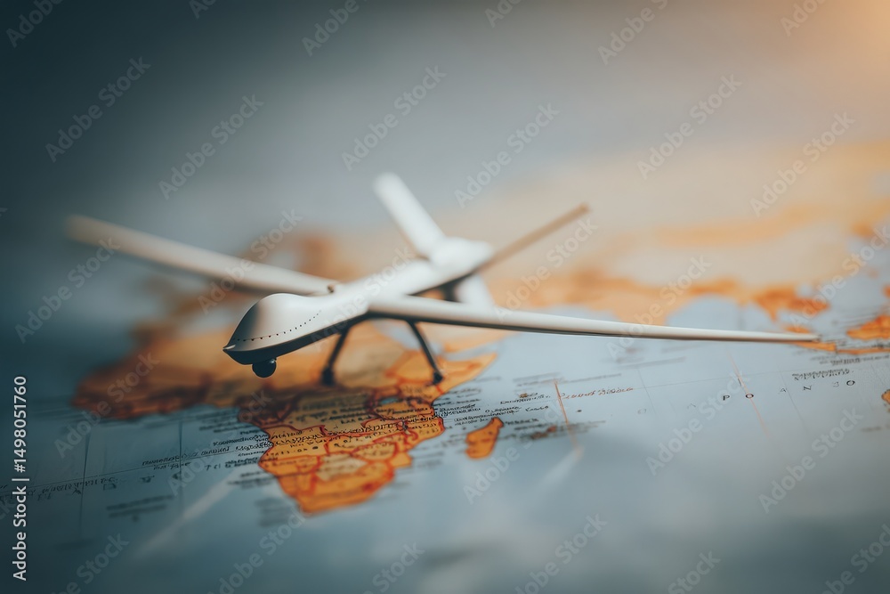 A detailed model of a drone is positioned on a world map, highlighting various countries in Africa. The soft lighting creates an atmosphere of exploration and innovation in aviation.