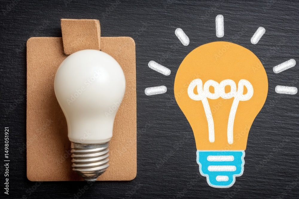 A unique light bulb is mounted on a textured surface, next to a vivid illustration of a glowing light bulb. The contrast between the materials emphasizes creativity and inspiration.
