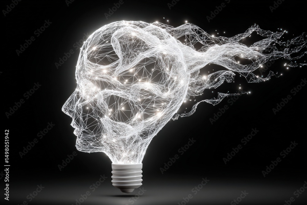 A conceptual light bulb shaped like a human head emits bright, swirling lines and particles, signifying the flow of creative ideas. The background is dark, further spotlighting the vibrant design.