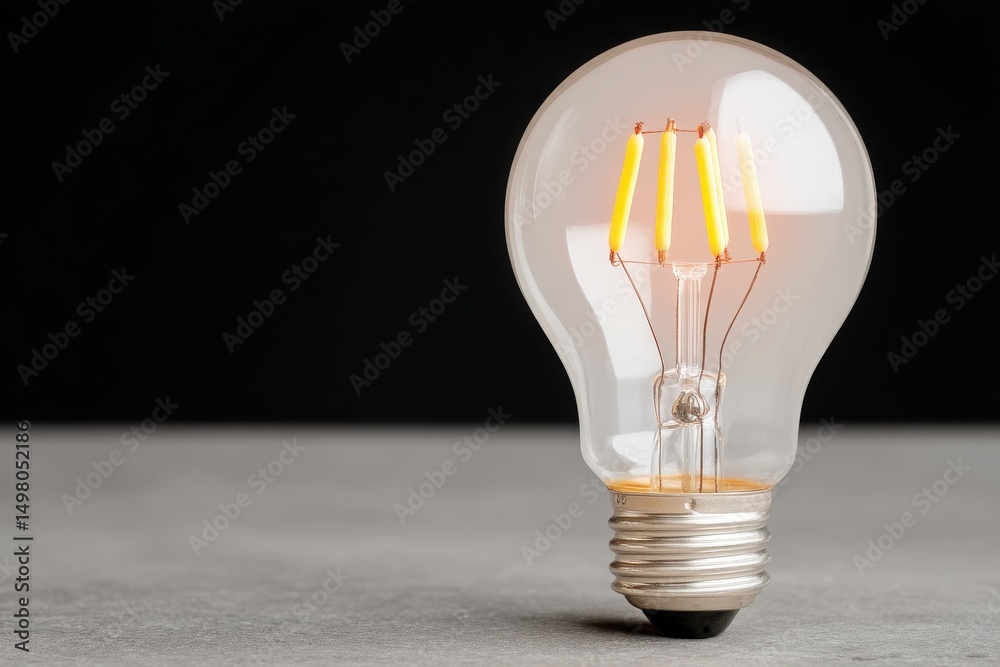 A vintage light bulb with visible filaments emits a warm glow, contrasting against the dark background. The bulb sits on a gray surface, adding a touch of elegance to the setting.