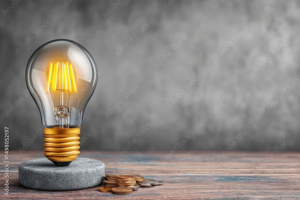 A stylish light bulb with a warm glow sits on a grey concrete base. Nearby, scattered coins reflect the light, adding a contemporary touch to the rustic wooden surface beneath.