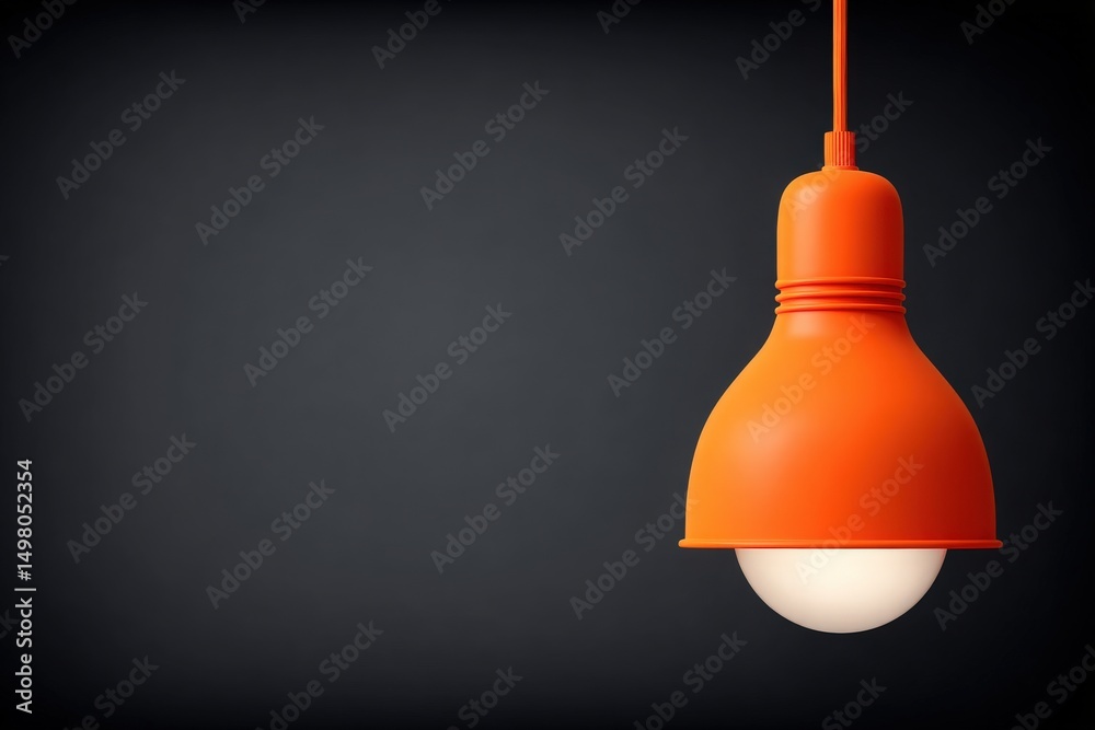 An orange pendant light with a rounded shade and glowing bulb is suspended from a ceiling. The stark contrast against the dark background creates a modern and vibrant atmosphere.