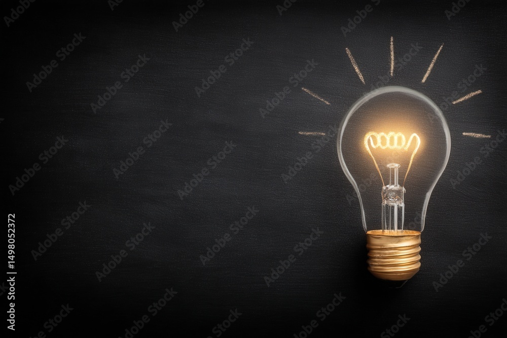 A light bulb with a glowing filament is depicted on a black chalkboard background. The rays around the bulb suggest brightness and creativity, evoking inspiration and ideas.