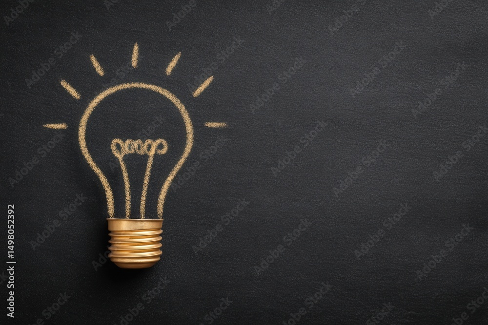 A light bulb drawn with chalk on a black surface symbolizes innovation and creative thinking. The rays around the bulb emphasize the concept of bright ideas and inspiration.