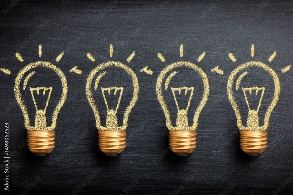 Four artistic representations of light bulbs are drawn on a blackboard surface. The light bulbs symbolize bright ideas and creativity, featuring golden outlines and varying designs.